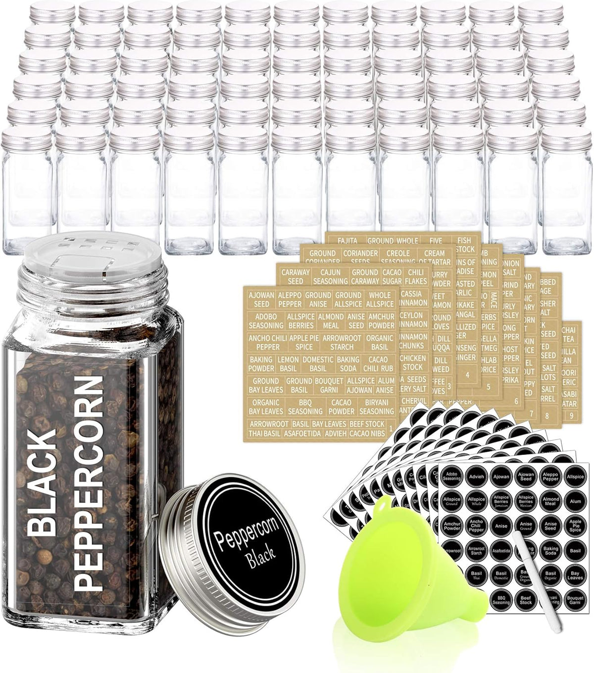 66 Pcs 4 oz Glass Spice Jars with Shaker Lids and 703 Spice Labels | Empty Spice Containers with Airtight Lids, Chalk Marker, Funnel - Square Seasoning Bottles for Spice Racks, Cabinets, Drawers