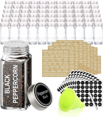 66 Pcs 4 oz Glass Spice Jars with Shaker Lids and 703 Spice Labels | Empty Spice Containers with Airtight Lids, Chalk Marker, Funnel - Square Seasoning Bottles for Spice Racks, Cabinets, Drawers