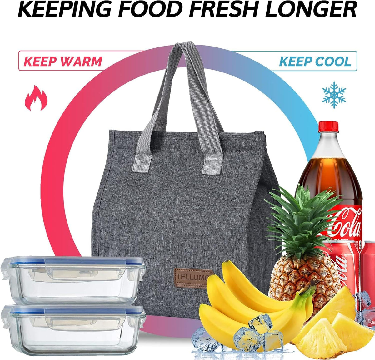 TELLUMO Insulated Lunch Bag for Men Women, Large Reusable Leakproof Lunch Box Container, Small Portable Thermal Snack Bag, Reusable Travel Office Work Beach Cooler Tote Bag for Adults, Grey