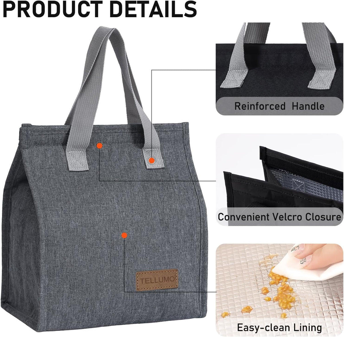 TELLUMO Insulated Lunch Bag for Men Women, Large Reusable Leakproof Lunch Box Container, Small Portable Thermal Snack Bag, Reusable Travel Office Work Beach Cooler Tote Bag for Adults, Grey