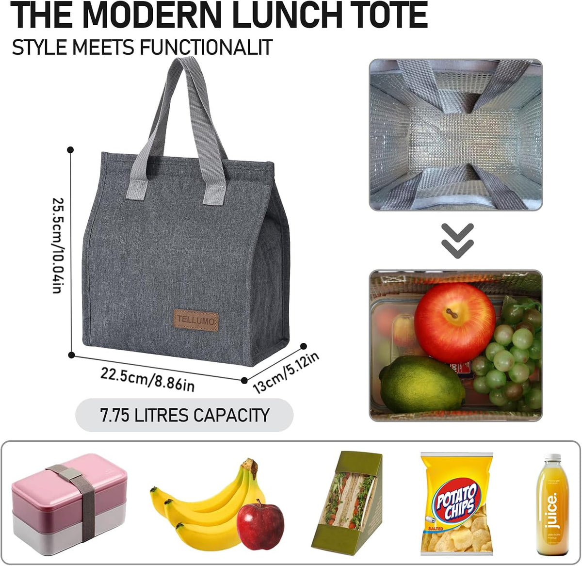 TELLUMO Insulated Lunch Bag for Men Women, Large Reusable Leakproof Lunch Box Container, Small Portable Thermal Snack Bag, Reusable Travel Office Work Beach Cooler Tote Bag for Adults, Grey