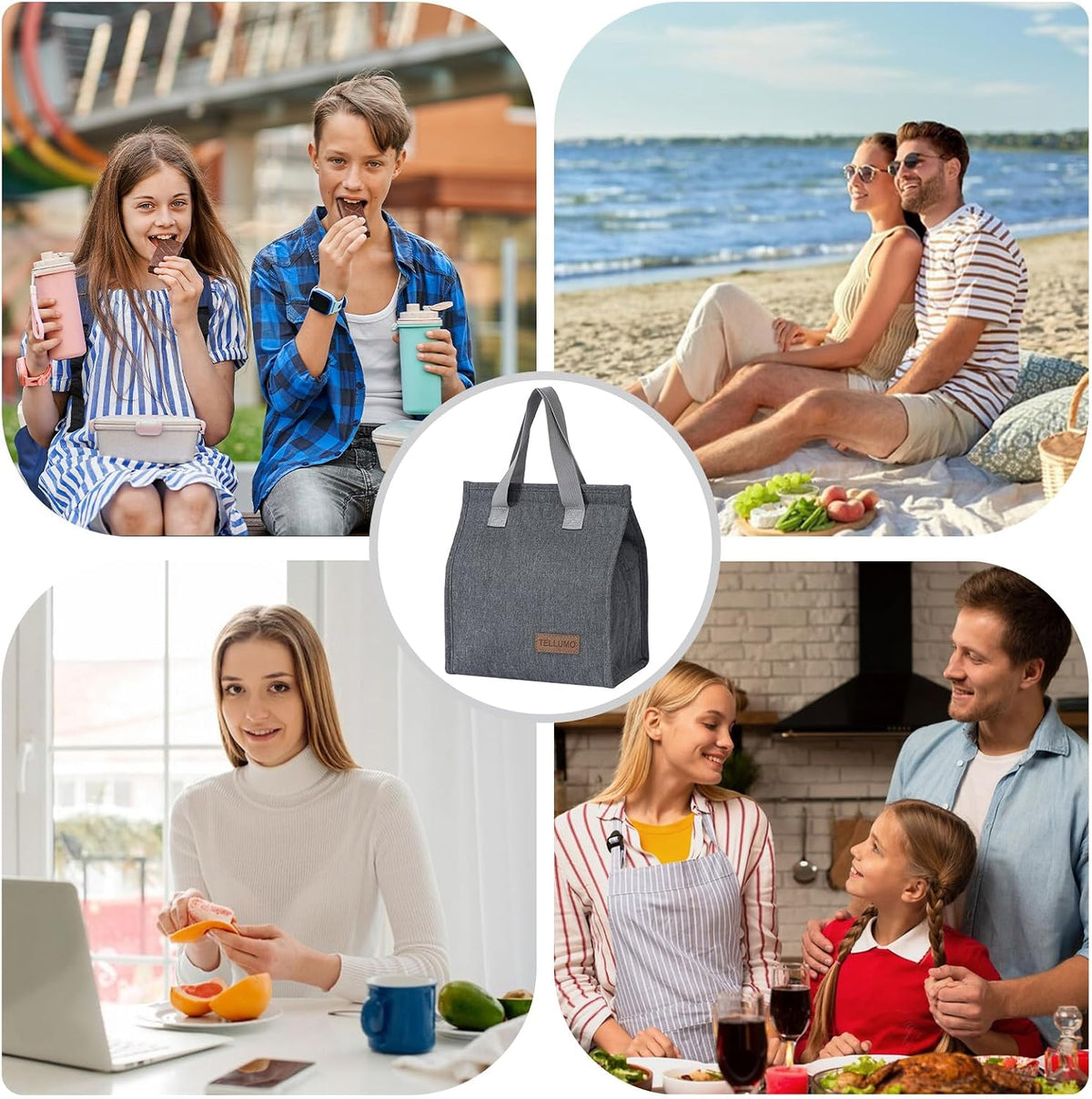 TELLUMO Insulated Lunch Bag for Men Women, Large Reusable Leakproof Lunch Box Container, Small Portable Thermal Snack Bag, Reusable Travel Office Work Beach Cooler Tote Bag for Adults, Grey