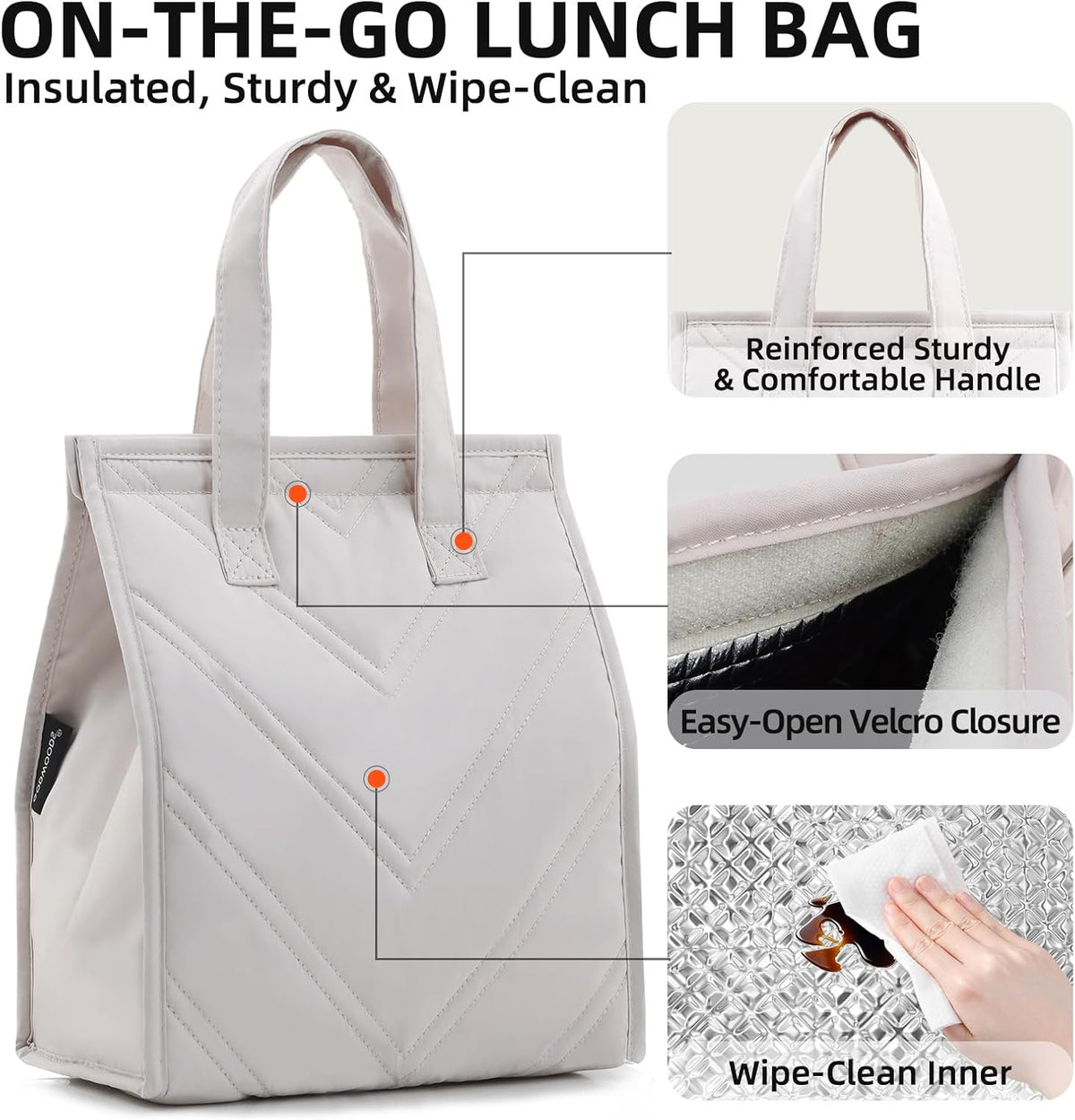 TELLUMO Insulated Lunch Bag for Men Women, Large Reusable Leakproof Lunch Box Container, Small Portable Thermal Snack Bag, Reusable Travel Office Work Beach Cooler Tote Bag for Adults, Grey