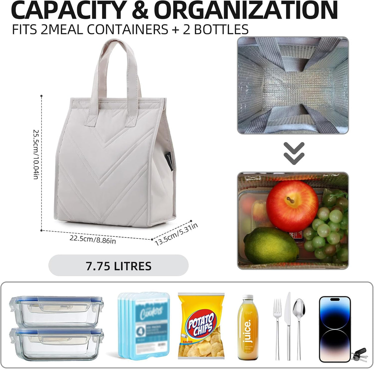 TELLUMO Insulated Lunch Bag for Men Women, Large Reusable Leakproof Lunch Box Container, Small Portable Thermal Snack Bag, Reusable Travel Office Work Beach Cooler Tote Bag for Adults, Grey