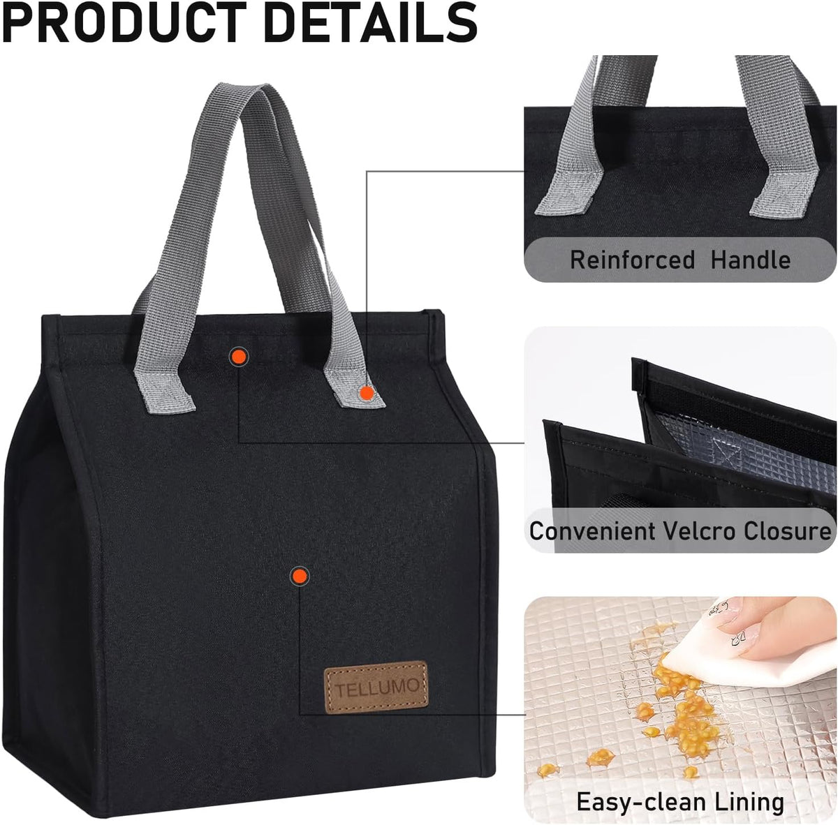 TELLUMO Insulated Lunch Bag for Men Women, Large Reusable Leakproof Lunch Box Container, Small Portable Thermal Snack Bag, Reusable Travel Office Work Beach Cooler Tote Bag for Adults, Grey