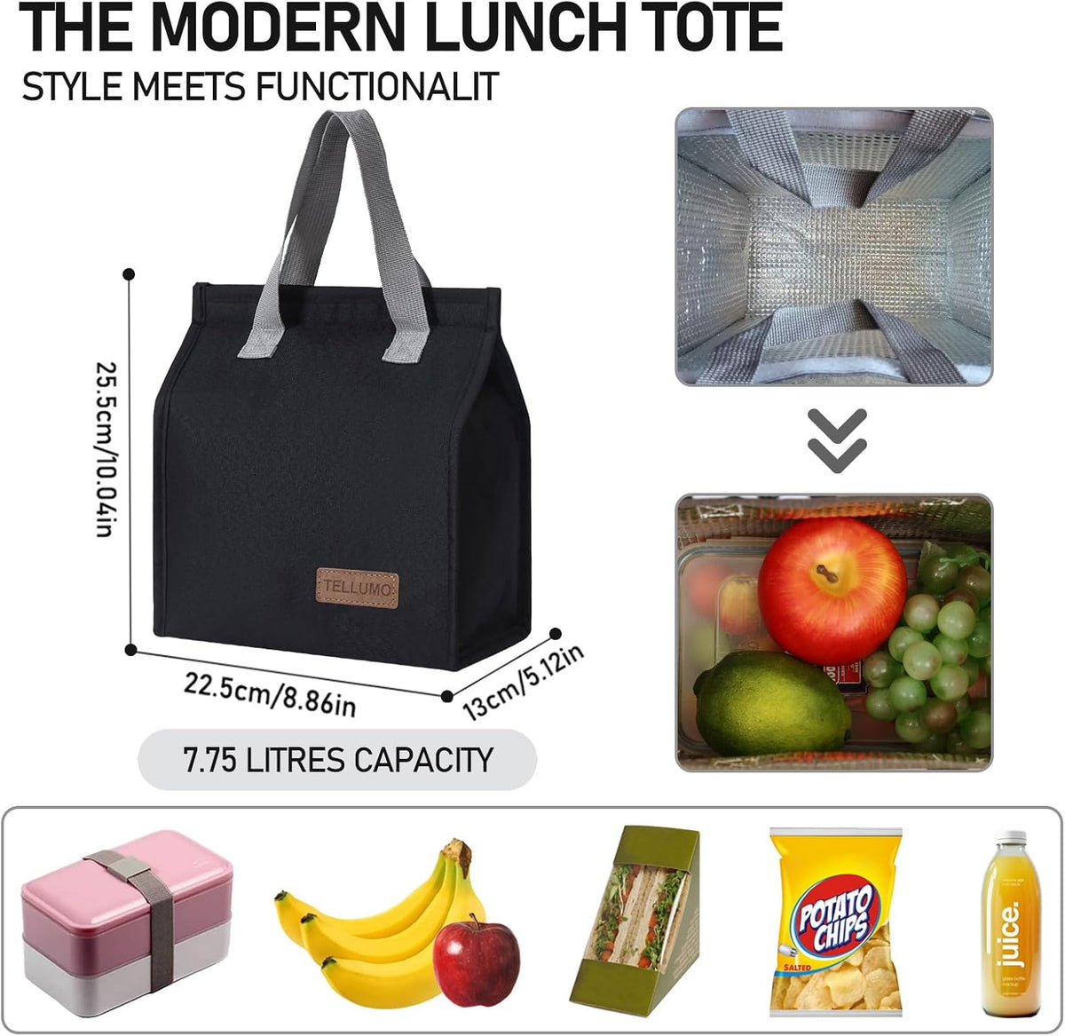 TELLUMO Insulated Lunch Bag for Men Women, Large Reusable Leakproof Lunch Box Container, Small Portable Thermal Snack Bag, Reusable Travel Office Work Beach Cooler Tote Bag for Adults, Grey