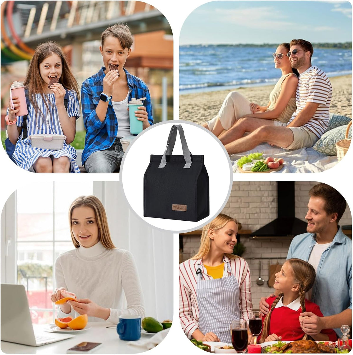 TELLUMO Insulated Lunch Bag for Men Women, Large Reusable Leakproof Lunch Box Container, Small Portable Thermal Snack Bag, Reusable Travel Office Work Beach Cooler Tote Bag for Adults, Grey