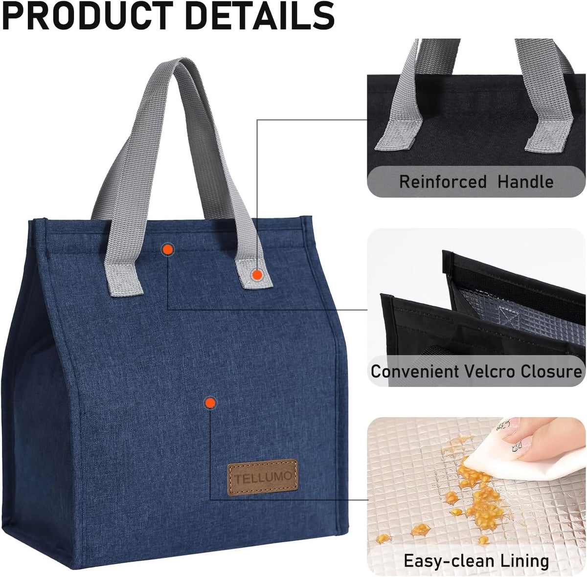 TELLUMO Insulated Lunch Bag for Men Women, Large Reusable Leakproof Lunch Box Container, Small Portable Thermal Snack Bag, Reusable Travel Office Work Beach Cooler Tote Bag for Adults, Grey