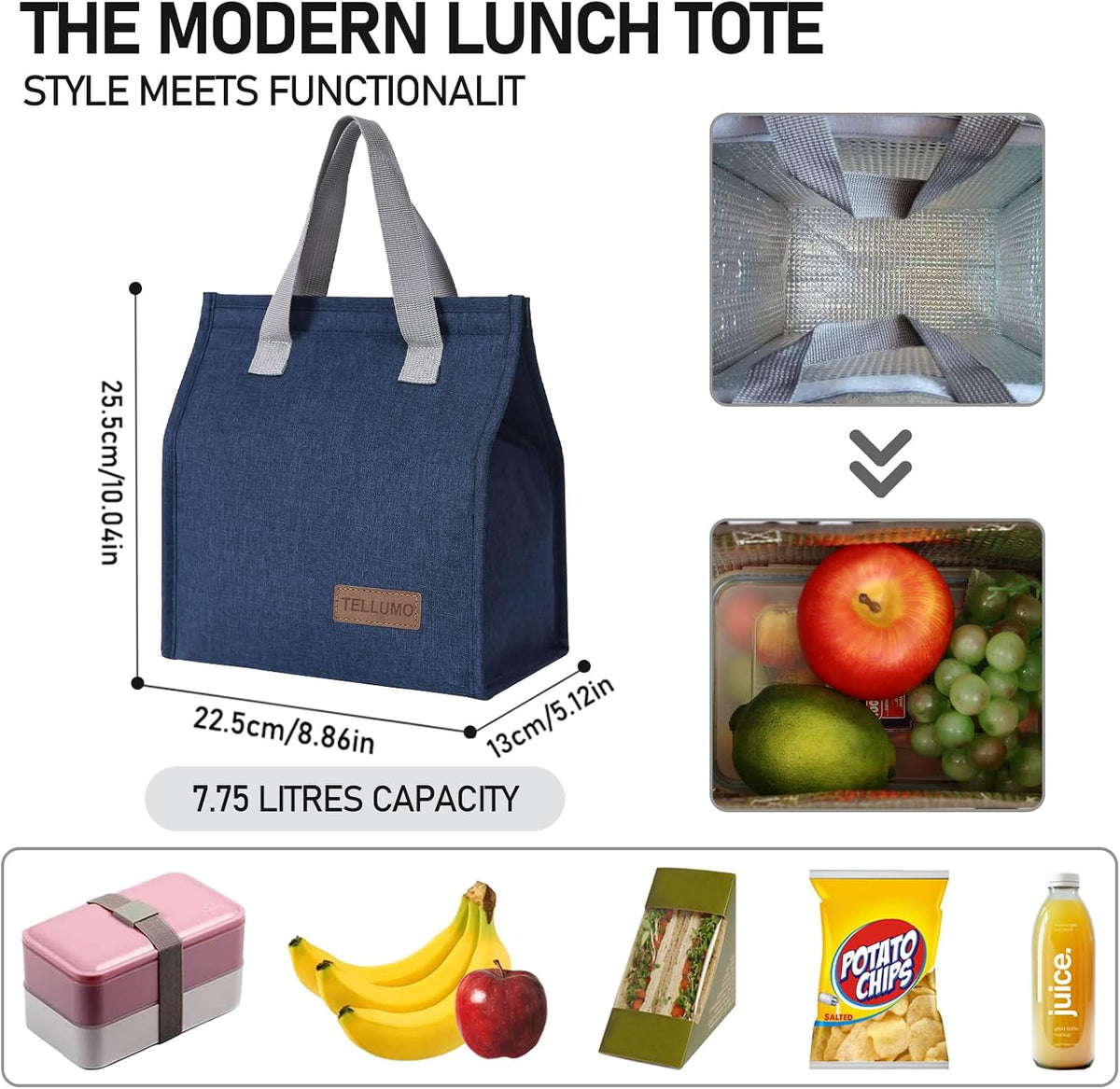 TELLUMO Insulated Lunch Bag for Men Women, Large Reusable Leakproof Lunch Box Container, Small Portable Thermal Snack Bag, Reusable Travel Office Work Beach Cooler Tote Bag for Adults, Grey