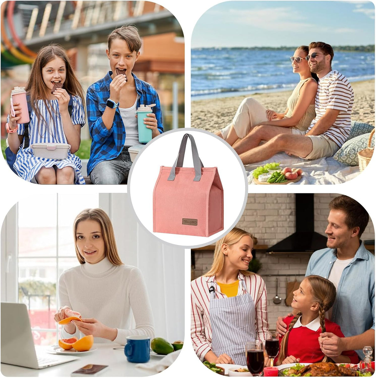 TELLUMO Insulated Lunch Bag for Men Women, Large Reusable Leakproof Lunch Box Container, Small Portable Thermal Snack Bag, Reusable Travel Office Work Beach Cooler Tote Bag for Adults, Grey