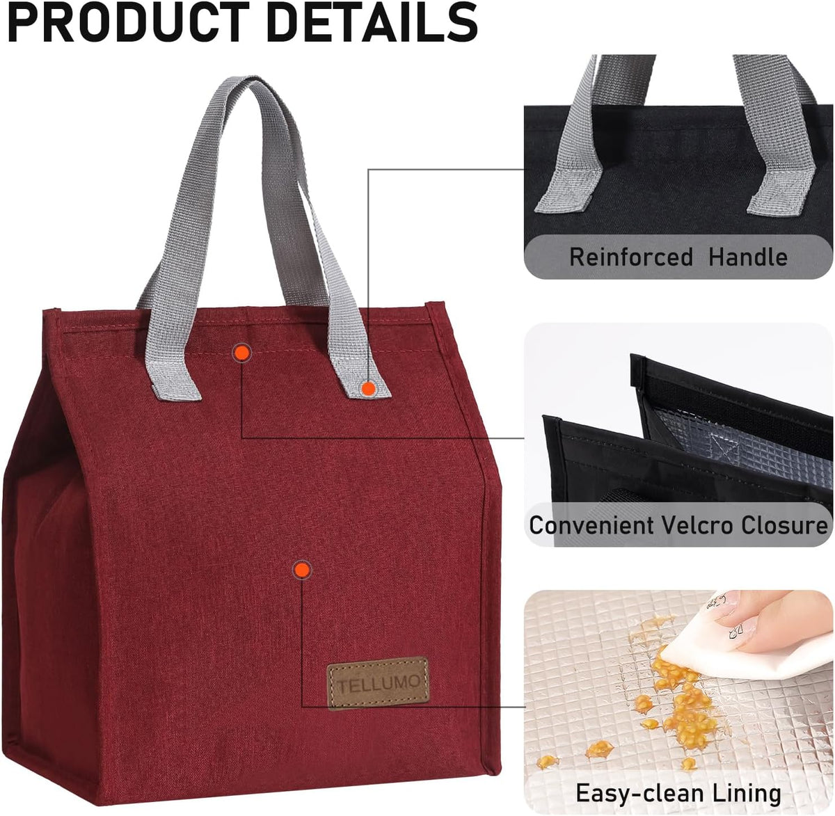 TELLUMO Insulated Lunch Bag for Men Women, Large Reusable Leakproof Lunch Box Container, Small Portable Thermal Snack Bag, Reusable Travel Office Work Beach Cooler Tote Bag for Adults, Grey