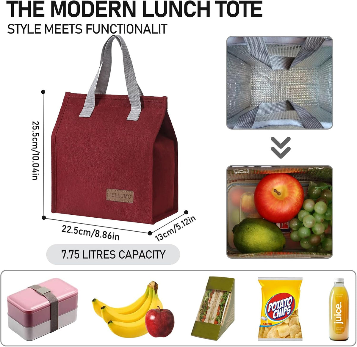 TELLUMO Insulated Lunch Bag for Men Women, Large Reusable Leakproof Lunch Box Container, Small Portable Thermal Snack Bag, Reusable Travel Office Work Beach Cooler Tote Bag for Adults, Grey