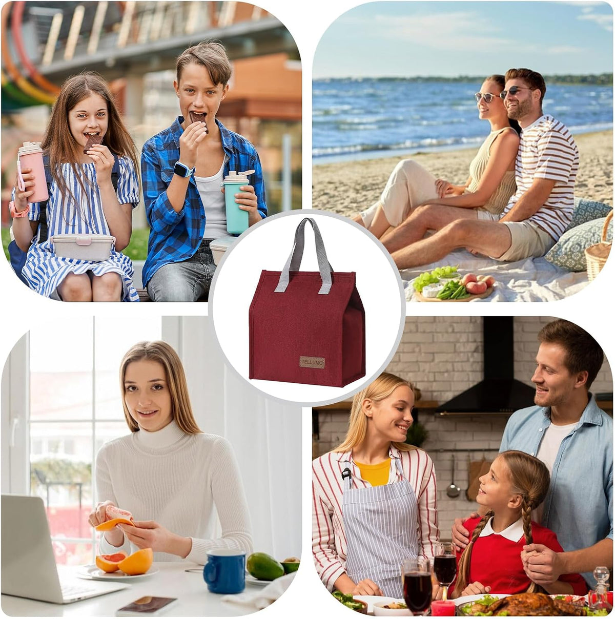 TELLUMO Insulated Lunch Bag for Men Women, Large Reusable Leakproof Lunch Box Container, Small Portable Thermal Snack Bag, Reusable Travel Office Work Beach Cooler Tote Bag for Adults, Grey