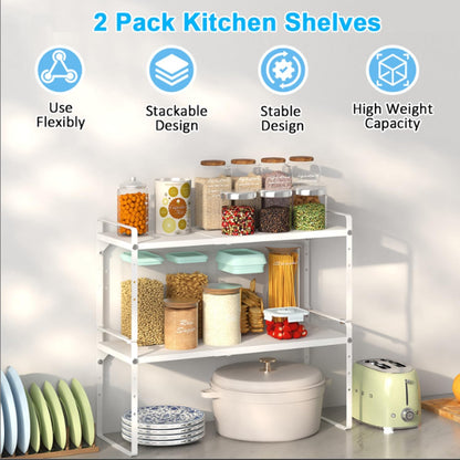 Set of 2 Expandable Cabinet Shelf Organizer, Stackable Kitchen Countertop Shelves Spice Racks, Small Storage Shelf For Cupboard Counter Tabletop, 30 LBS Heavy Duty, Adjustable, 13.8" to 21.6" Long