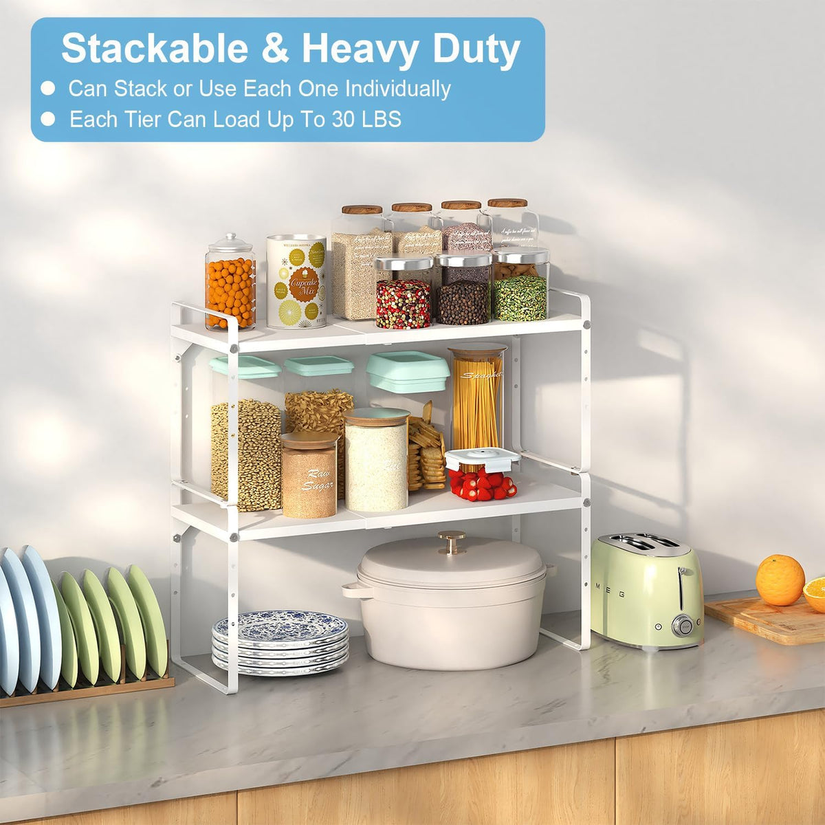 Set of 2 Expandable Cabinet Shelf Organizer, Stackable Kitchen Countertop Shelves Spice Racks, Small Storage Shelf For Cupboard Counter Tabletop, 30 LBS Heavy Duty, Adjustable, 13.8" to 21.6" Long