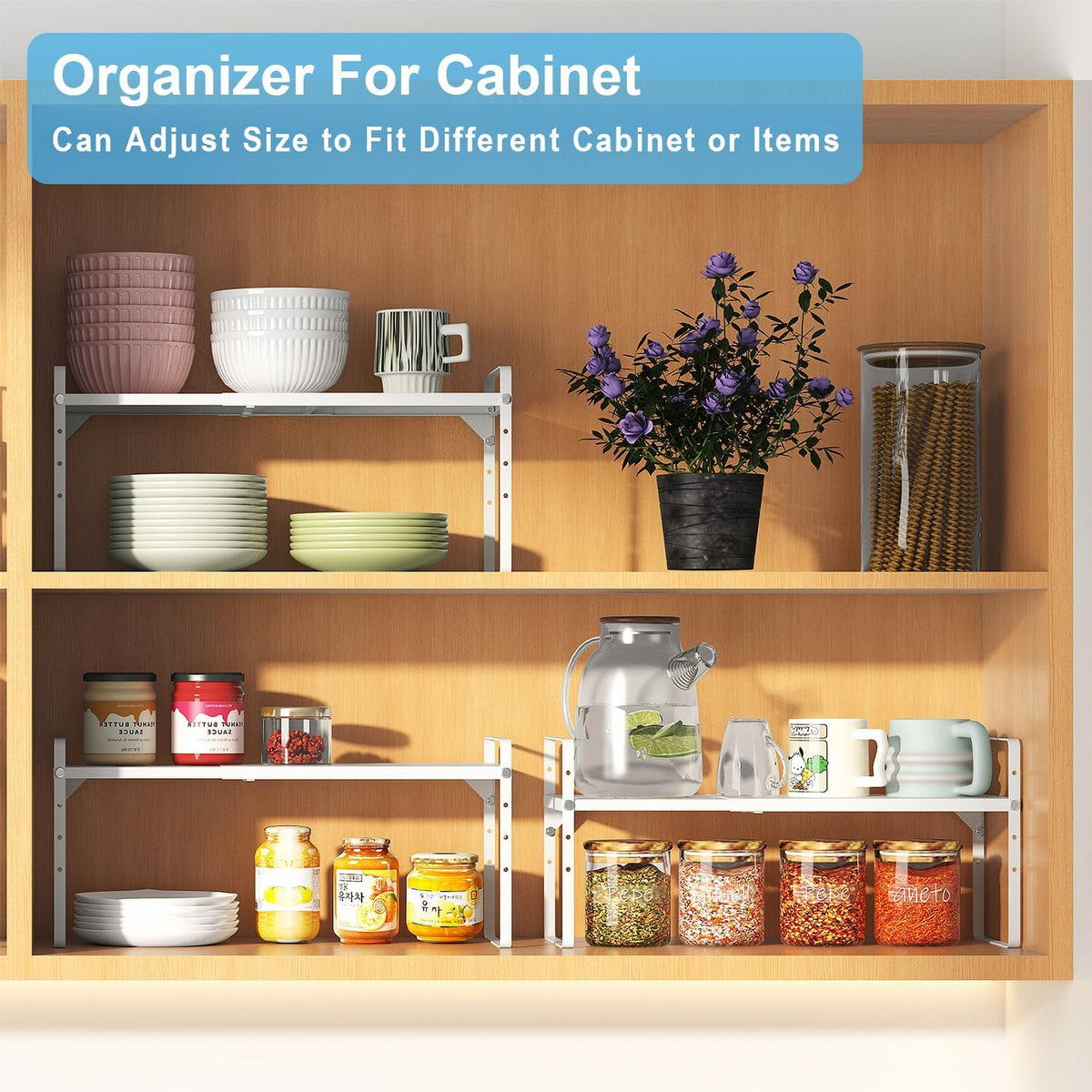 Set of 2 Expandable Cabinet Shelf Organizer, Stackable Kitchen Countertop Shelves Spice Racks, Small Storage Shelf For Cupboard Counter Tabletop, 30 LBS Heavy Duty, Adjustable, 13.8" to 21.6" Long