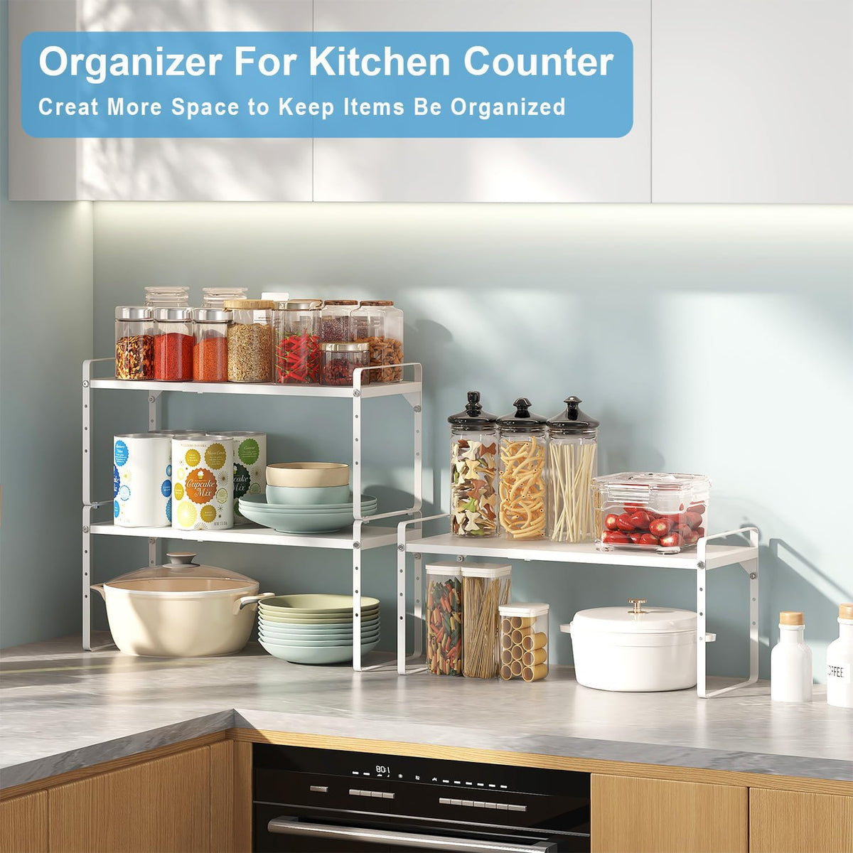 Set of 2 Expandable Cabinet Shelf Organizer, Stackable Kitchen Countertop Shelves Spice Racks, Small Storage Shelf For Cupboard Counter Tabletop, 30 LBS Heavy Duty, Adjustable, 13.8" to 21.6" Long