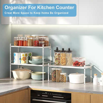 Set of 2 Expandable Cabinet Shelf Organizer, Stackable Kitchen Countertop Shelves Spice Racks, Small Storage Shelf For Cupboard Counter Tabletop, 30 LBS Heavy Duty, Adjustable, 13.8" to 21.6" Long