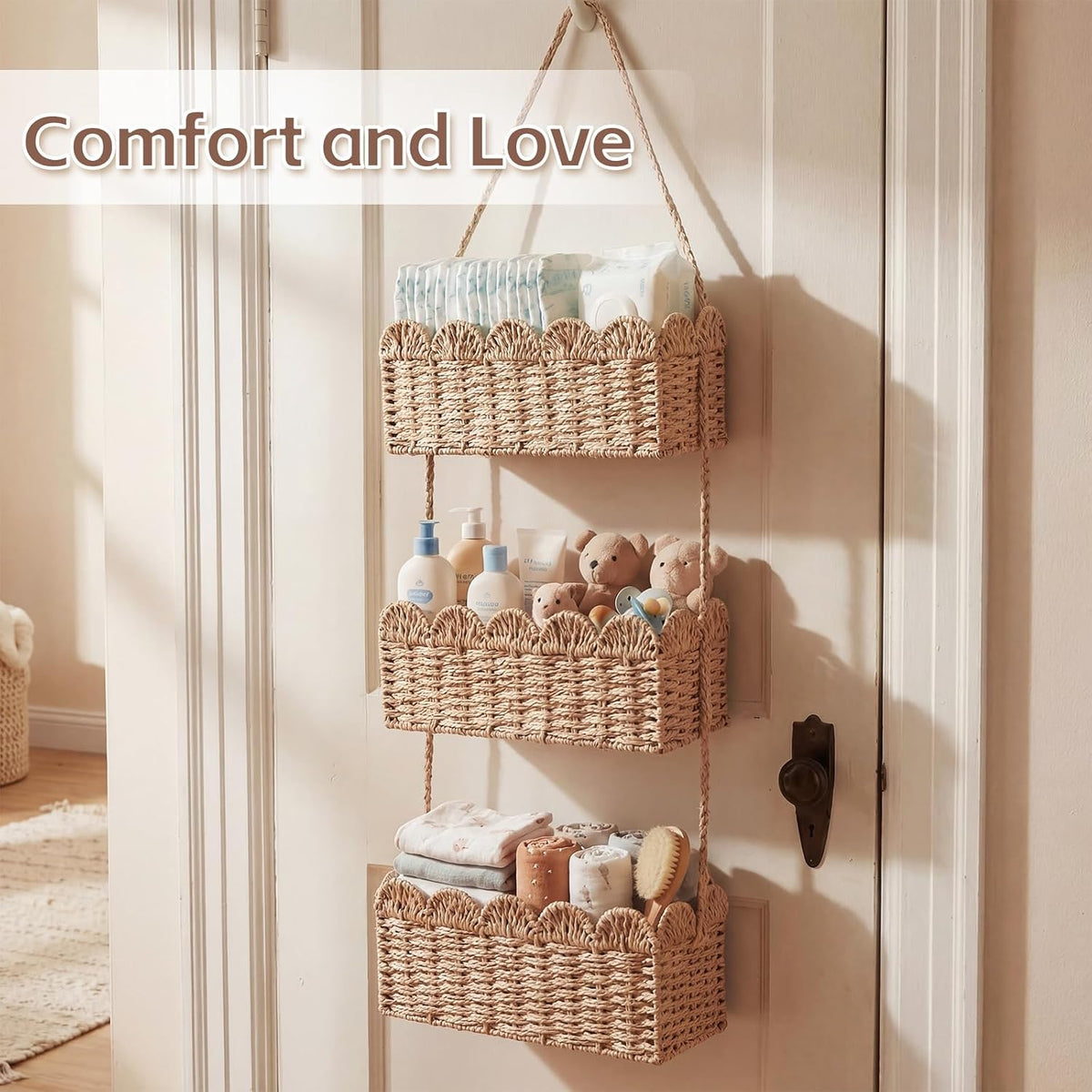 over The Door Hanging Basket, 3-tier, Diaper Caddy, Light Brown
