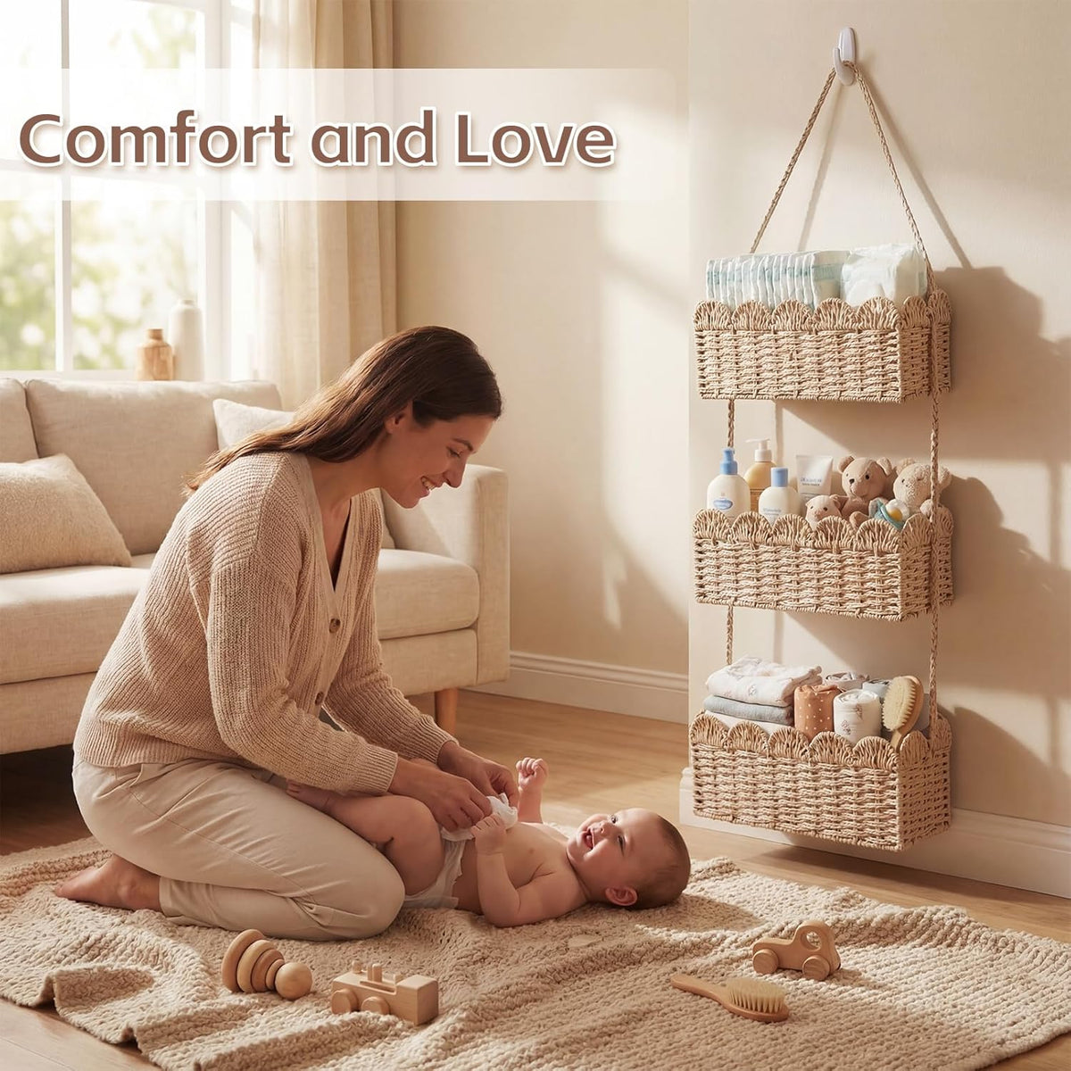 over The Door Hanging Basket, 3-tier, Diaper Caddy, Light Brown