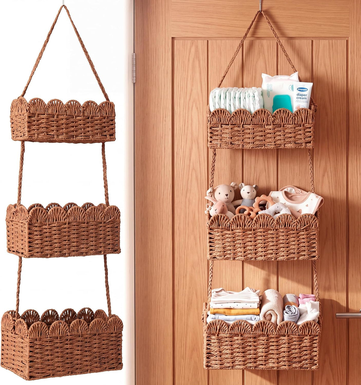 over The Door Hanging Basket, 3-tier, Diaper Caddy, Light Brown