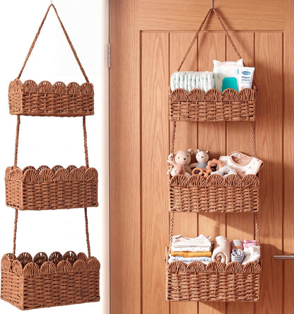 over The Door Hanging Basket, 3-tier, Diaper Caddy, Light Brown