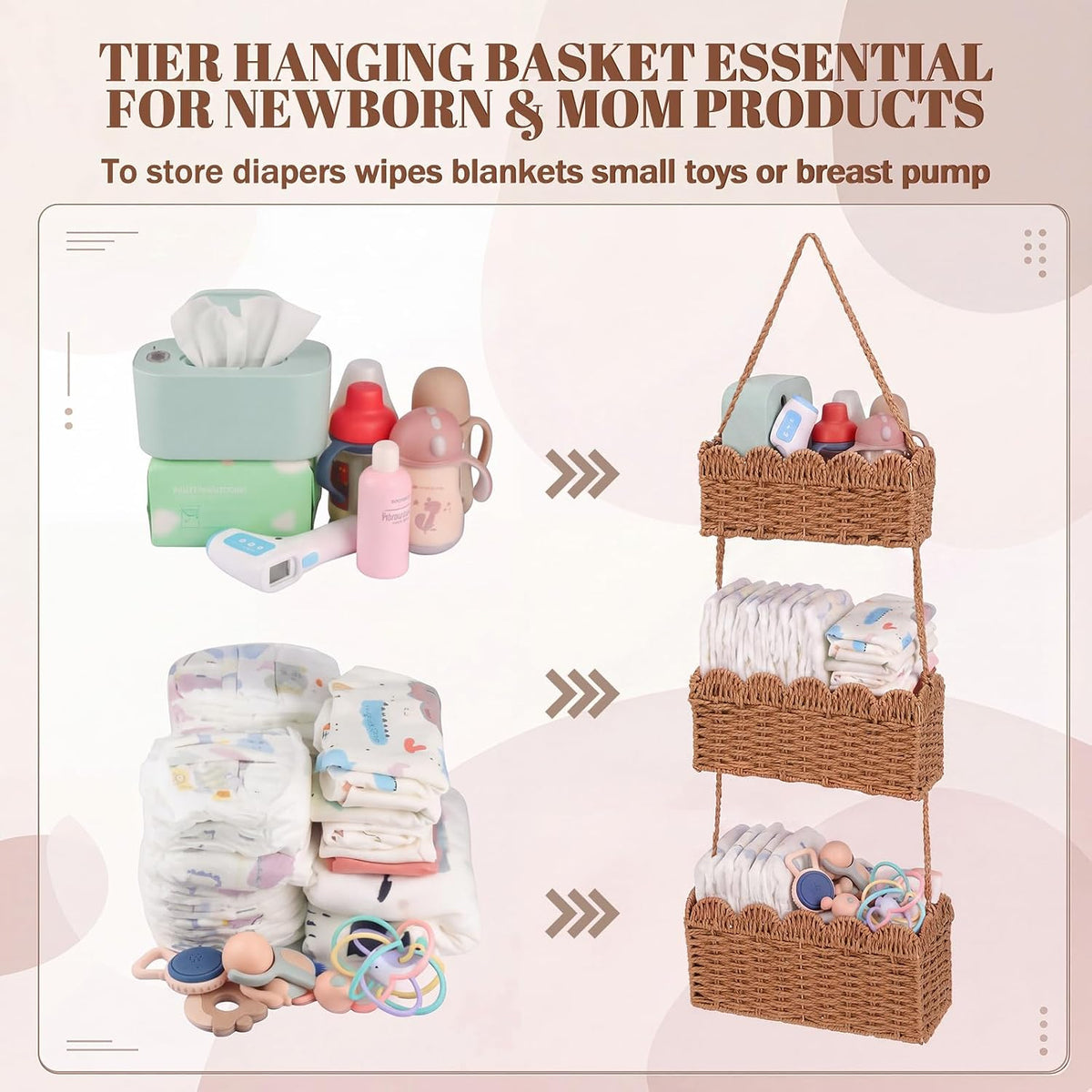 over The Door Hanging Basket, 3-tier, Diaper Caddy, Light Brown