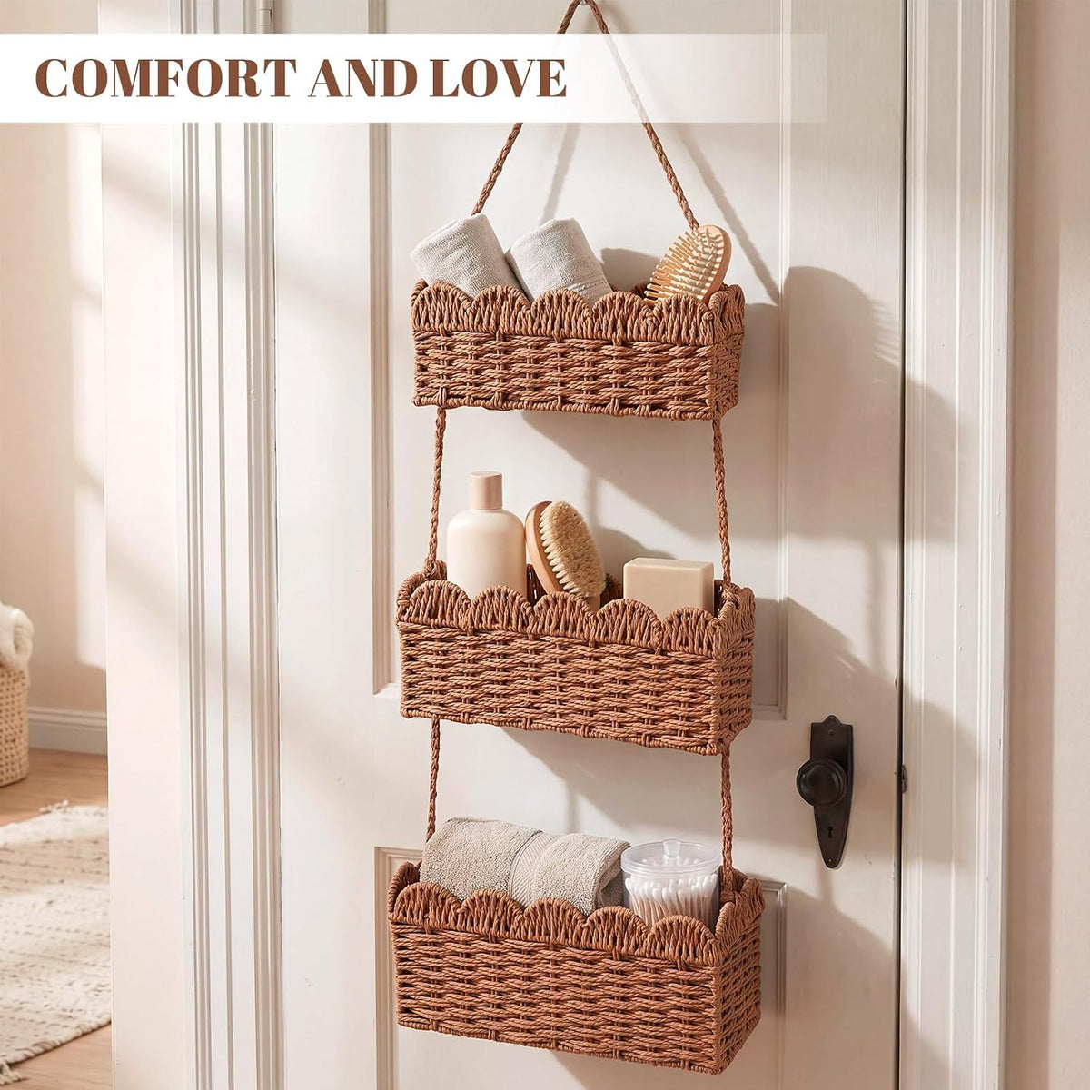 over The Door Hanging Basket, 3-tier, Diaper Caddy, Light Brown