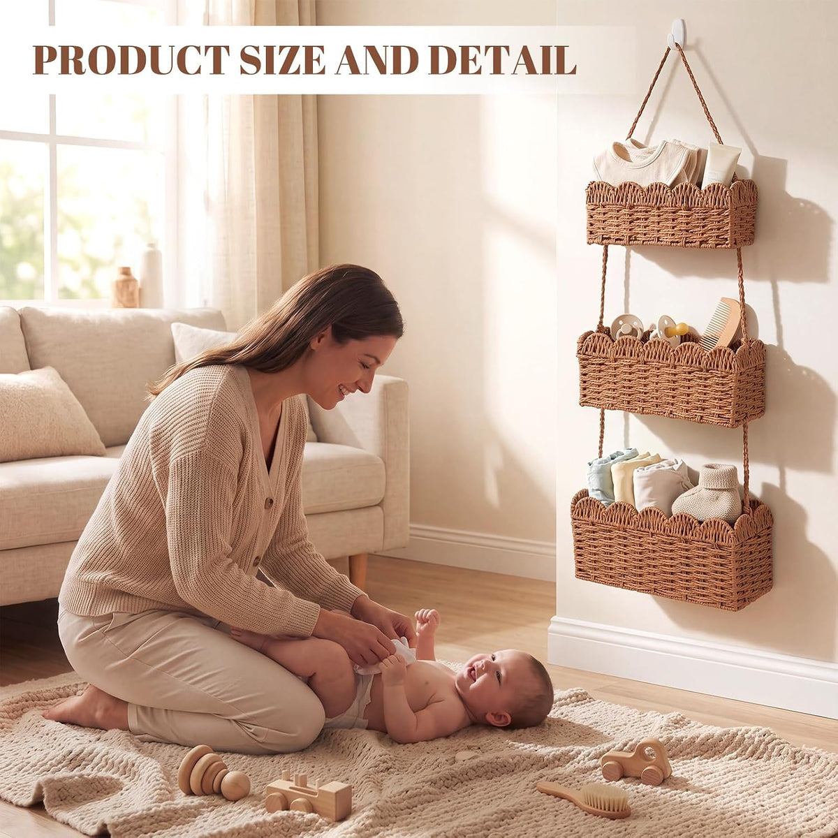 over The Door Hanging Basket, 3-tier, Diaper Caddy, Light Brown
