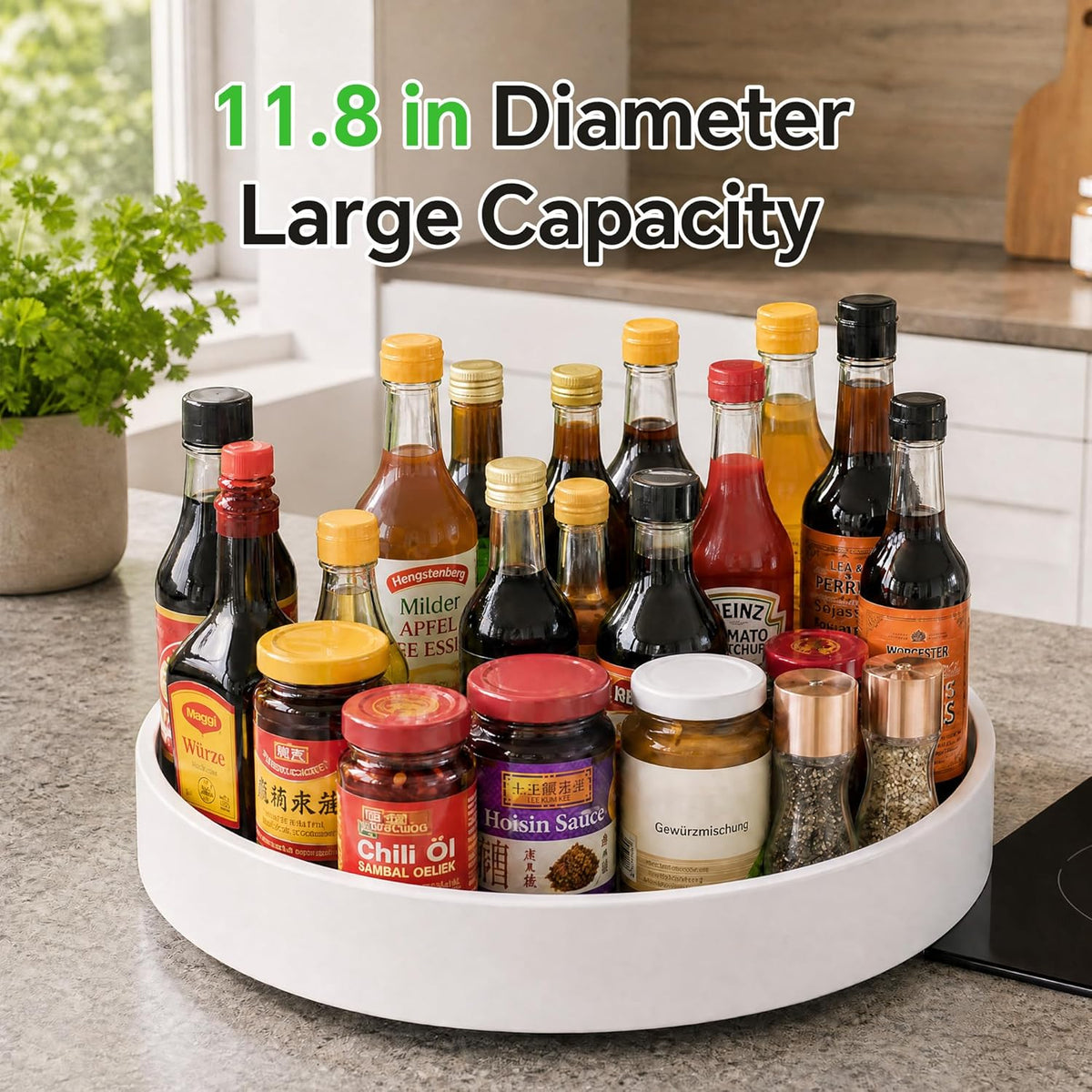 Lazy Susan for Refrigerator, 11.8" White Lazy Susan Spice Rack | 360° Rotating, Non-Slip Base, 2in Raised Edge, for Kitchen, Pantry & Refrigerator