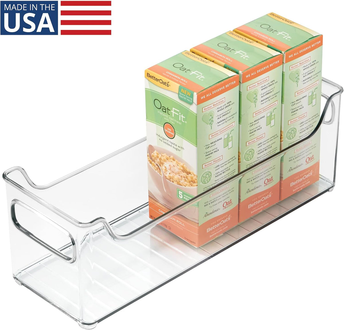 Stackable Plastic Pantry Bin with Handles, Set of 2, Clear | For Cabinets or Fridge, Made in USA