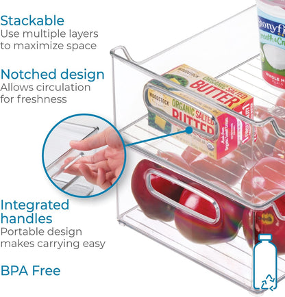 Stackable Plastic Pantry Bin with Handles, Set of 2, Clear | For Cabinets or Fridge, Made in USA