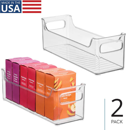 Stackable Plastic Pantry Bin with Handles, Set of 2, Clear | For Cabinets or Fridge, Made in USA