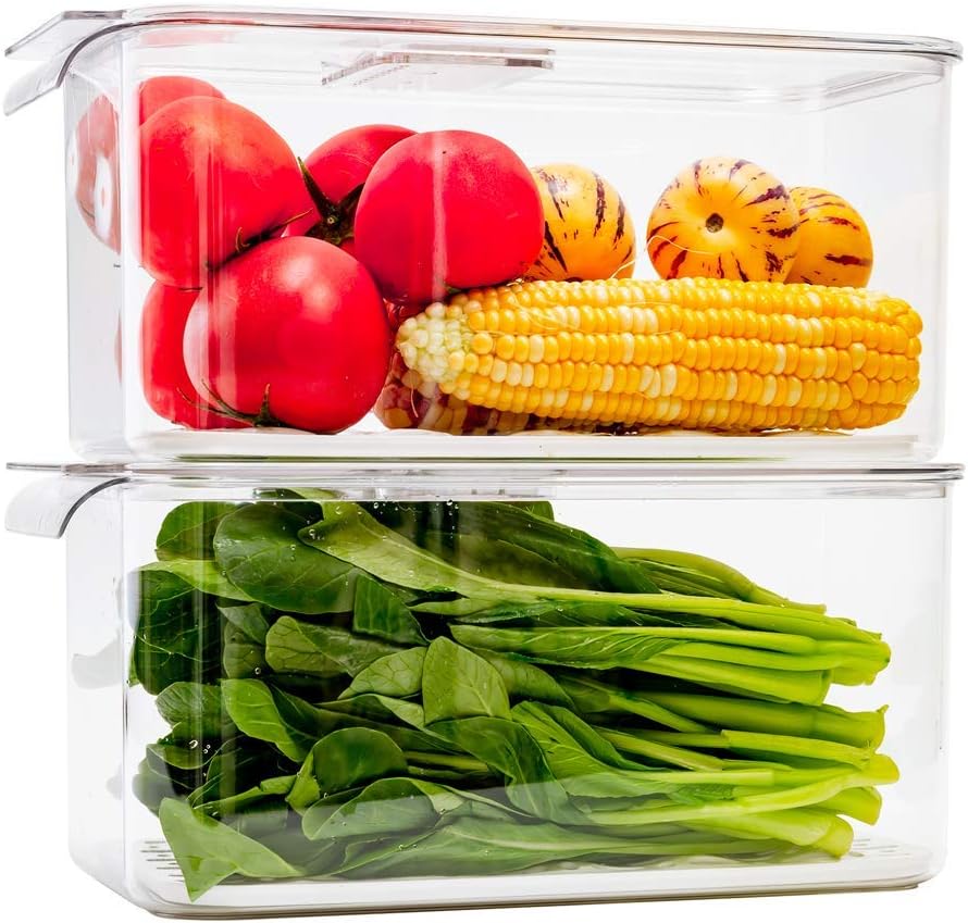 Slideep Refrigerator Food Storage Containers, Produce Saver Stackable Container with Lids & Removable Drain Tray, Freezer Bins Stay Fresh Lettuce Salad Container for Fridge