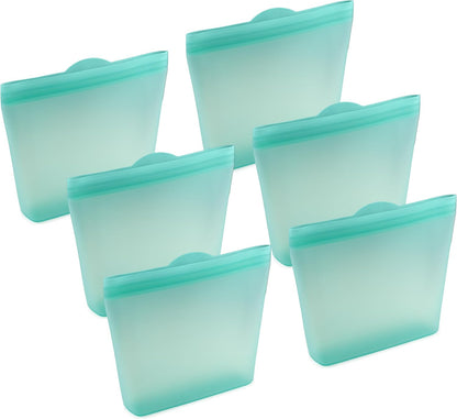 Reusable Sandwich Bags - Set of 6 Pool Blue Silicone Freezer Bags, Airtight Leak Resistant Reusable Zip Bags for Kitchen Home Food Prep, Microwave & Sous Vide Safe