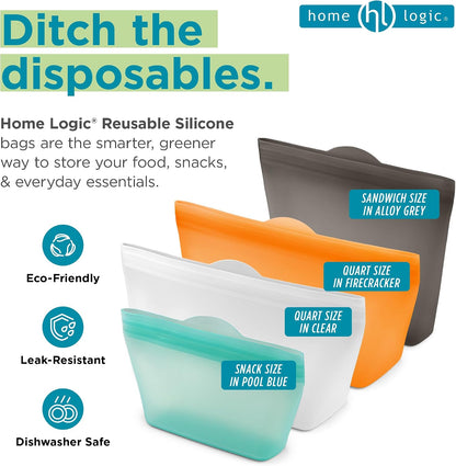 Reusable Sandwich Bags - Set of 6 Pool Blue Silicone Freezer Bags, Airtight Leak Resistant Reusable Zip Bags for Kitchen Home Food Prep, Microwave & Sous Vide Safe