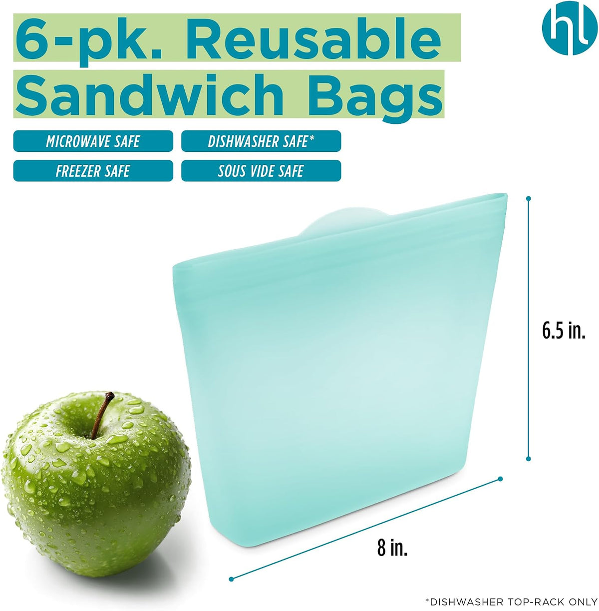 Reusable Sandwich Bags - Set of 6 Pool Blue Silicone Freezer Bags, Airtight Leak Resistant Reusable Zip Bags for Kitchen Home Food Prep, Microwave & Sous Vide Safe