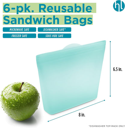 Reusable Sandwich Bags - Set of 6 Pool Blue Silicone Freezer Bags, Airtight Leak Resistant Reusable Zip Bags for Kitchen Home Food Prep, Microwave & Sous Vide Safe
