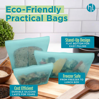 Reusable Sandwich Bags - Set of 6 Pool Blue Silicone Freezer Bags, Airtight Leak Resistant Reusable Zip Bags for Kitchen Home Food Prep, Microwave & Sous Vide Safe