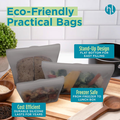 Reusable Sandwich Bags - Set of 6 Pool Blue Silicone Freezer Bags, Airtight Leak Resistant Reusable Zip Bags for Kitchen Home Food Prep, Microwave & Sous Vide Safe