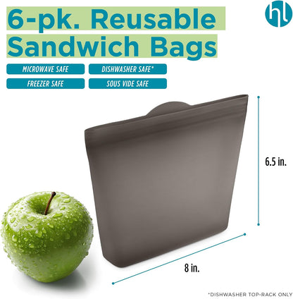 Reusable Sandwich Bags - Set of 6 Pool Blue Silicone Freezer Bags, Airtight Leak Resistant Reusable Zip Bags for Kitchen Home Food Prep, Microwave & Sous Vide Safe
