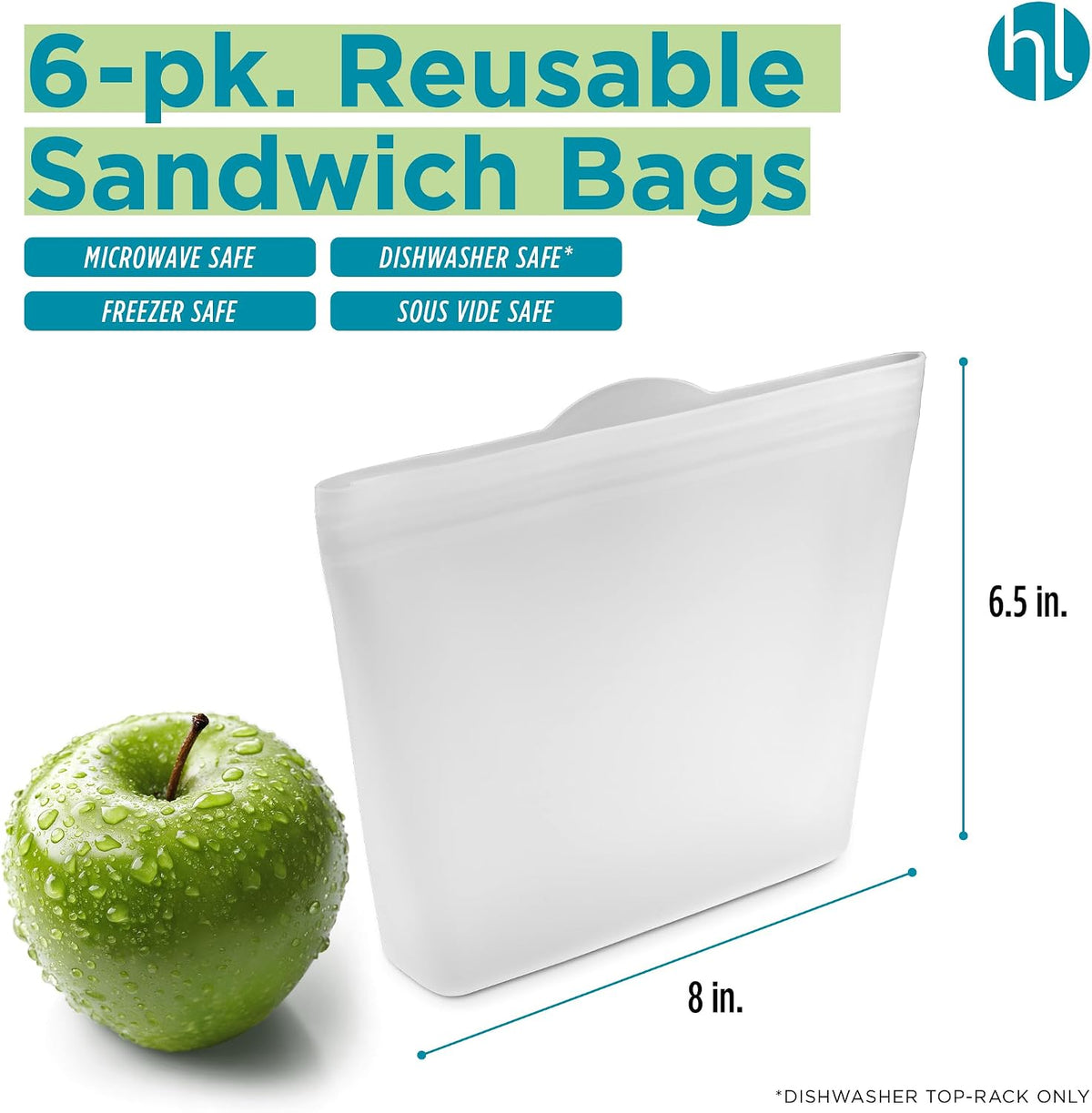 Reusable Sandwich Bags - Set of 6 Pool Blue Silicone Freezer Bags, Airtight Leak Resistant Reusable Zip Bags for Kitchen Home Food Prep, Microwave & Sous Vide Safe