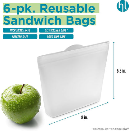 Reusable Sandwich Bags - Set of 6 Pool Blue Silicone Freezer Bags, Airtight Leak Resistant Reusable Zip Bags for Kitchen Home Food Prep, Microwave & Sous Vide Safe