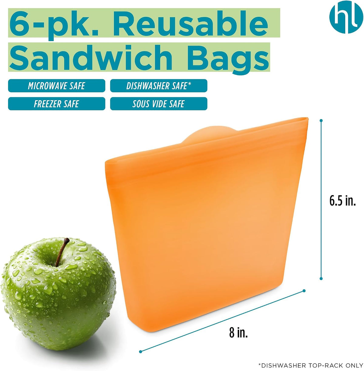 Reusable Sandwich Bags - Set of 6 Pool Blue Silicone Freezer Bags, Airtight Leak Resistant Reusable Zip Bags for Kitchen Home Food Prep, Microwave & Sous Vide Safe