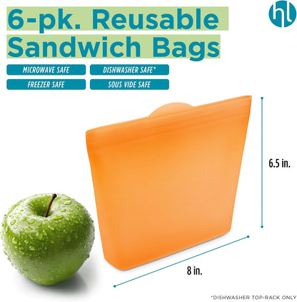 Reusable Sandwich Bags - Set of 6 Pool Blue Silicone Freezer Bags, Airtight Leak Resistant Reusable Zip Bags for Kitchen Home Food Prep, Microwave & Sous Vide Safe