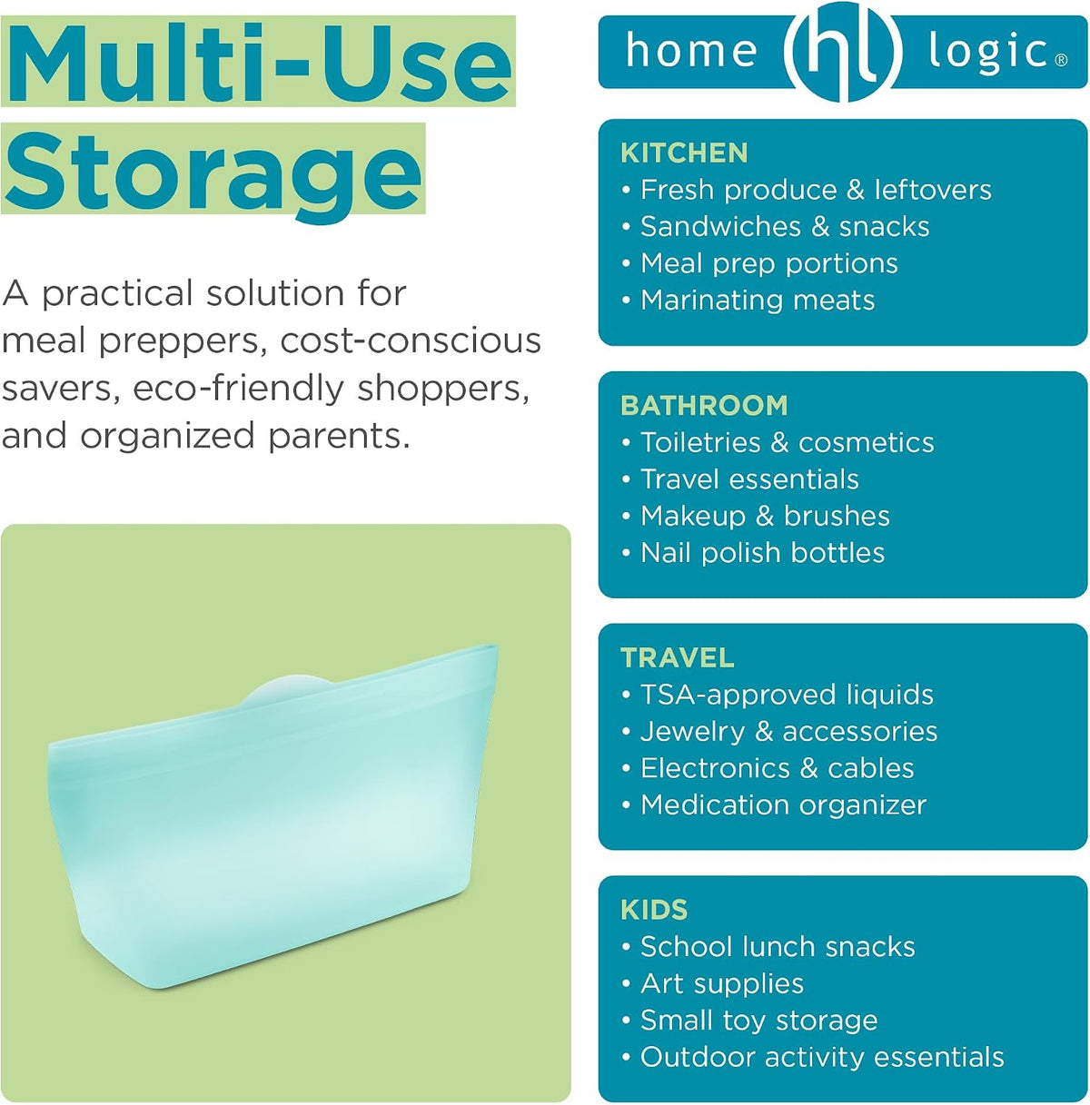 Reusable Sandwich Bags - Set of 6 Pool Blue Silicone Freezer Bags, Airtight Leak Resistant Reusable Zip Bags for Kitchen Home Food Prep, Microwave & Sous Vide Safe