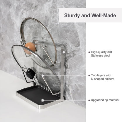 304 Stainless Steel Pot Lid Holder While Cooking, Kitchen Pot Lid Storage Rack for stove top, Multifunctional Kitchen Pot Lid Organizer for Countertop（Silver）