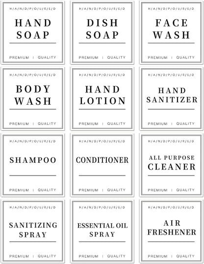 12 PCS Waterproof Glass/Plastic Bottle Labels - Farmhouse Bathroom/Kitchen Hand Soap Dispenser Label Stickers, Removable Cleaning Labels for Lotion, Shampoo and Conditioner