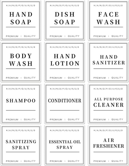 12 PCS Waterproof Glass/Plastic Bottle Labels - Farmhouse Bathroom/Kitchen Hand Soap Dispenser Label Stickers, Removable Cleaning Labels for Lotion, Shampoo and Conditioner