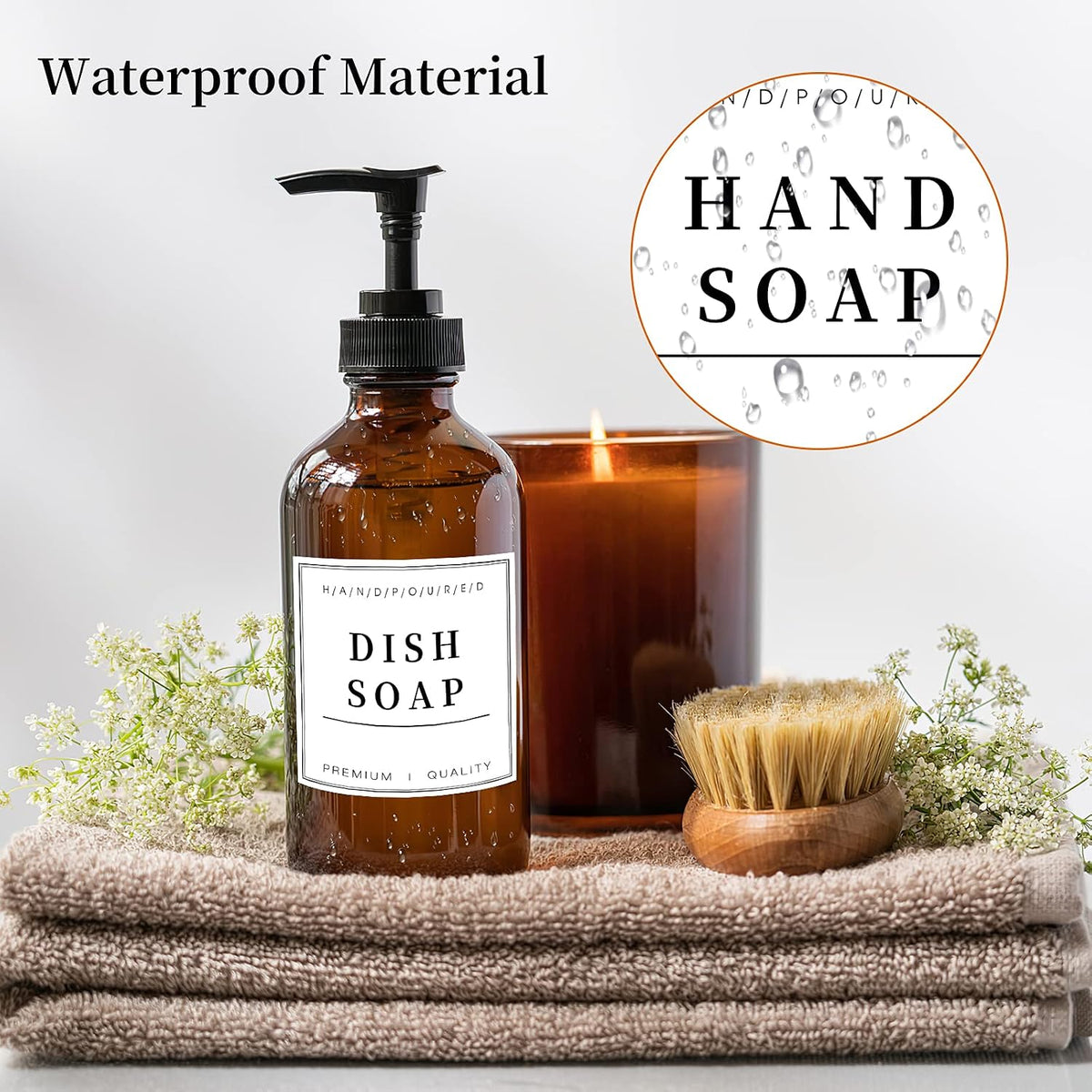 12 PCS Waterproof Glass/Plastic Bottle Labels - Farmhouse Bathroom/Kitchen Hand Soap Dispenser Label Stickers, Removable Cleaning Labels for Lotion, Shampoo and Conditioner